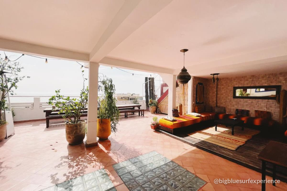 Rooftop terrace of the BigBlue Surf Guesthouse in Taghazout